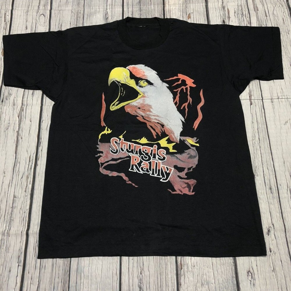 VTG Dead Stock Sturgis Rally Bald Eagle Lighting Black T-Shirt SS Size XL Rare